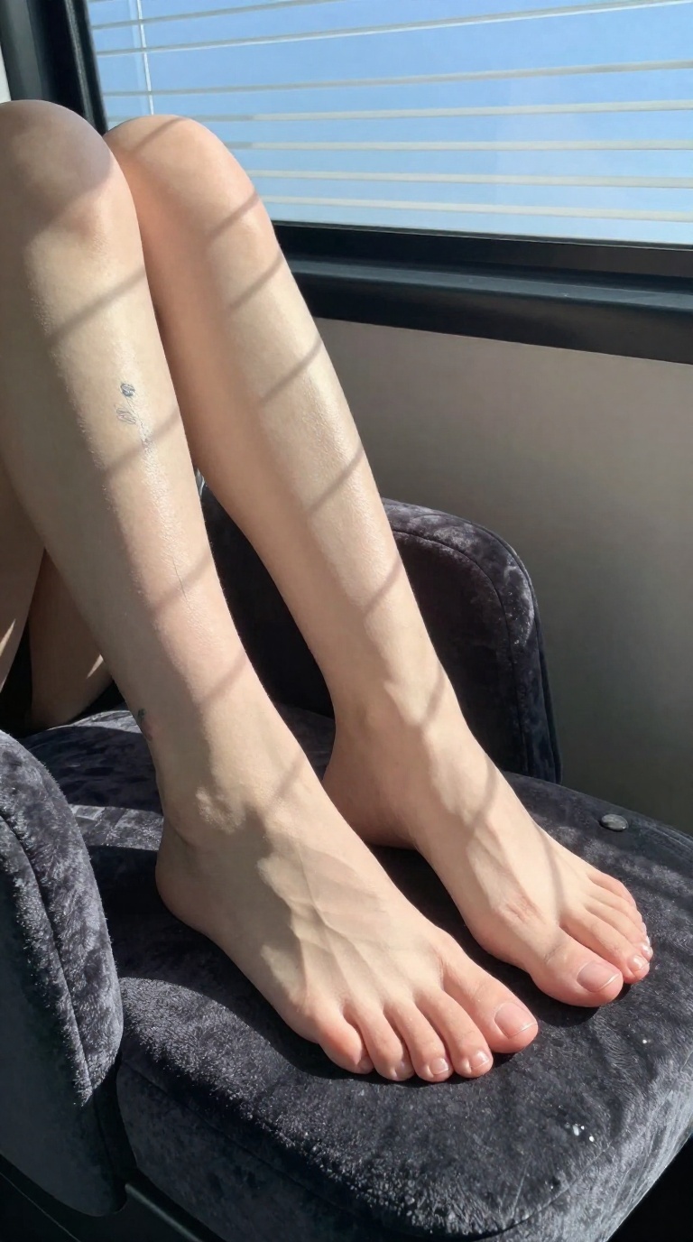 Close-up of elegant feet resting on velvet car armrest with sunlight and soft lighting.