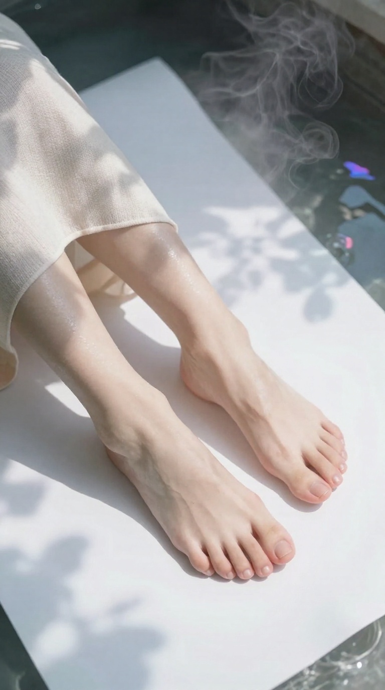 Low angle view of feminine feet with elegant ankle curves resting against soft white fabric under dappled sunlight.