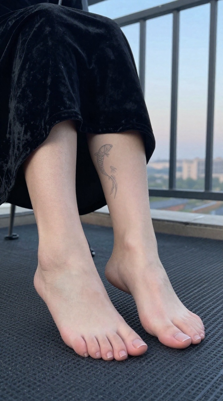 Close-up of elegant female feet with flexing arches and a small koi ankle tattoo on a textured mat at dusk.