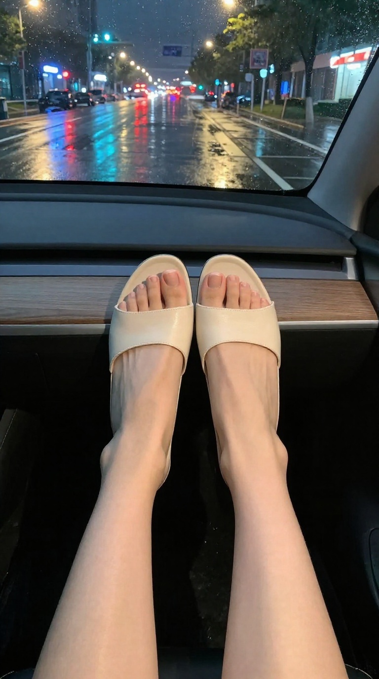Close-up of elegant feet in open-toe mules resting on a car armrest with neon city reflections.