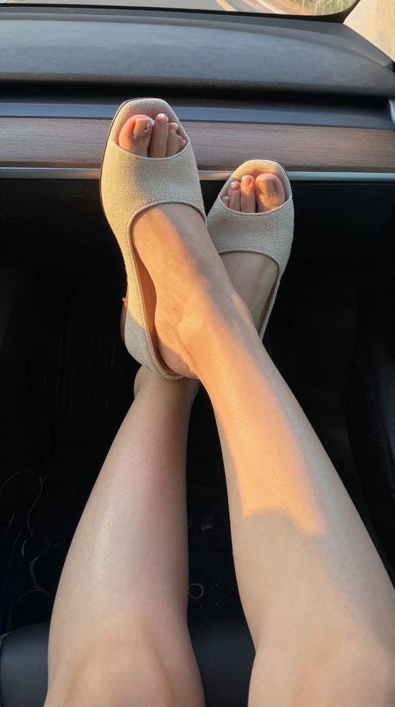 Top-down view of elegant feet in linen peep-toe booties and a pearl toe ring during golden hour.