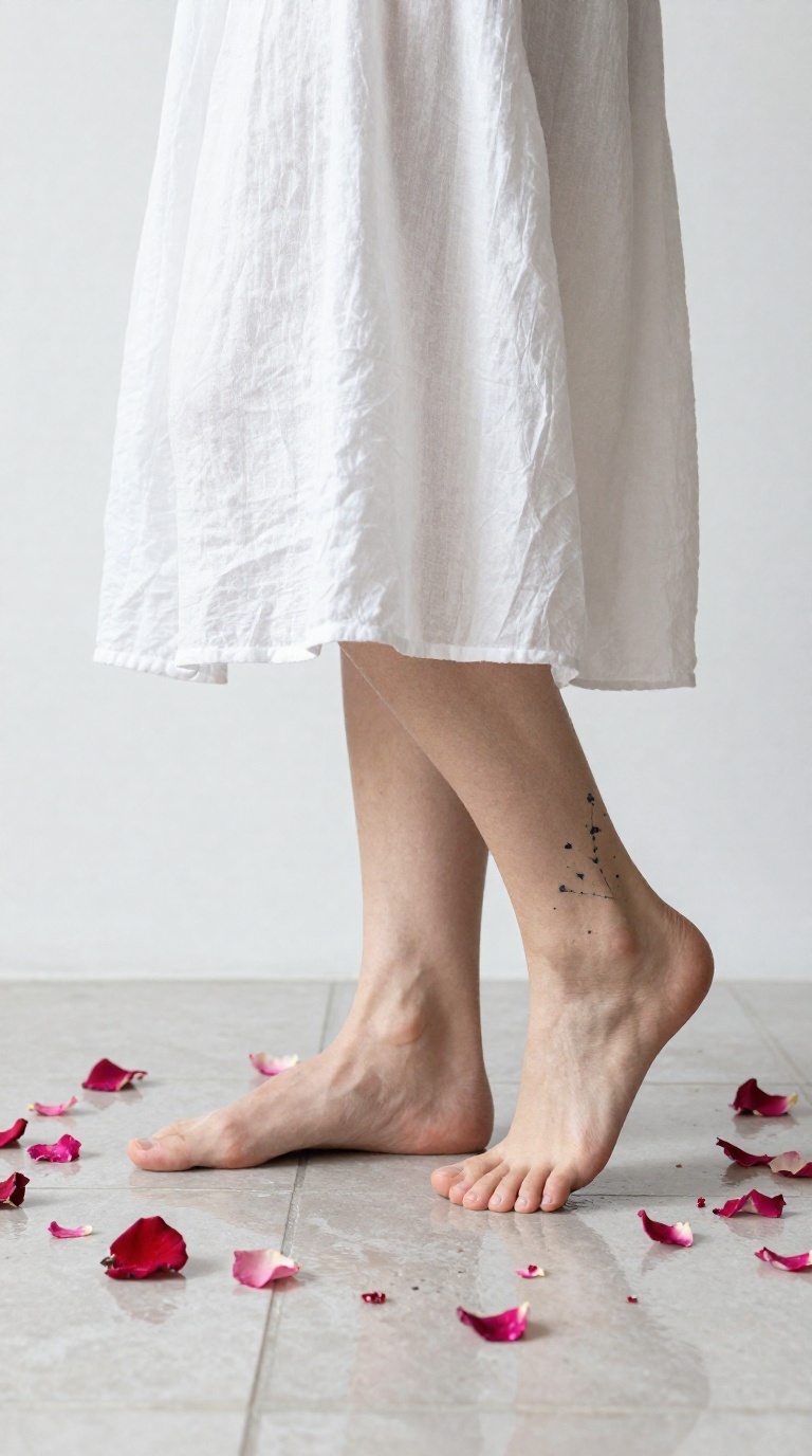Young woman’s bare feet on reflective wet tile among rose petals, linen hem above, constellation tattoo visible