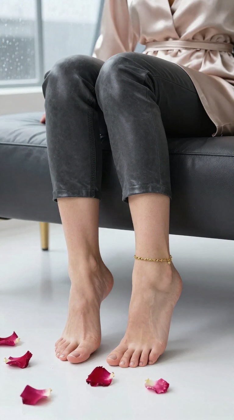 Woman's bare feet with gold ankle charm pressing rose petals on leather studio set