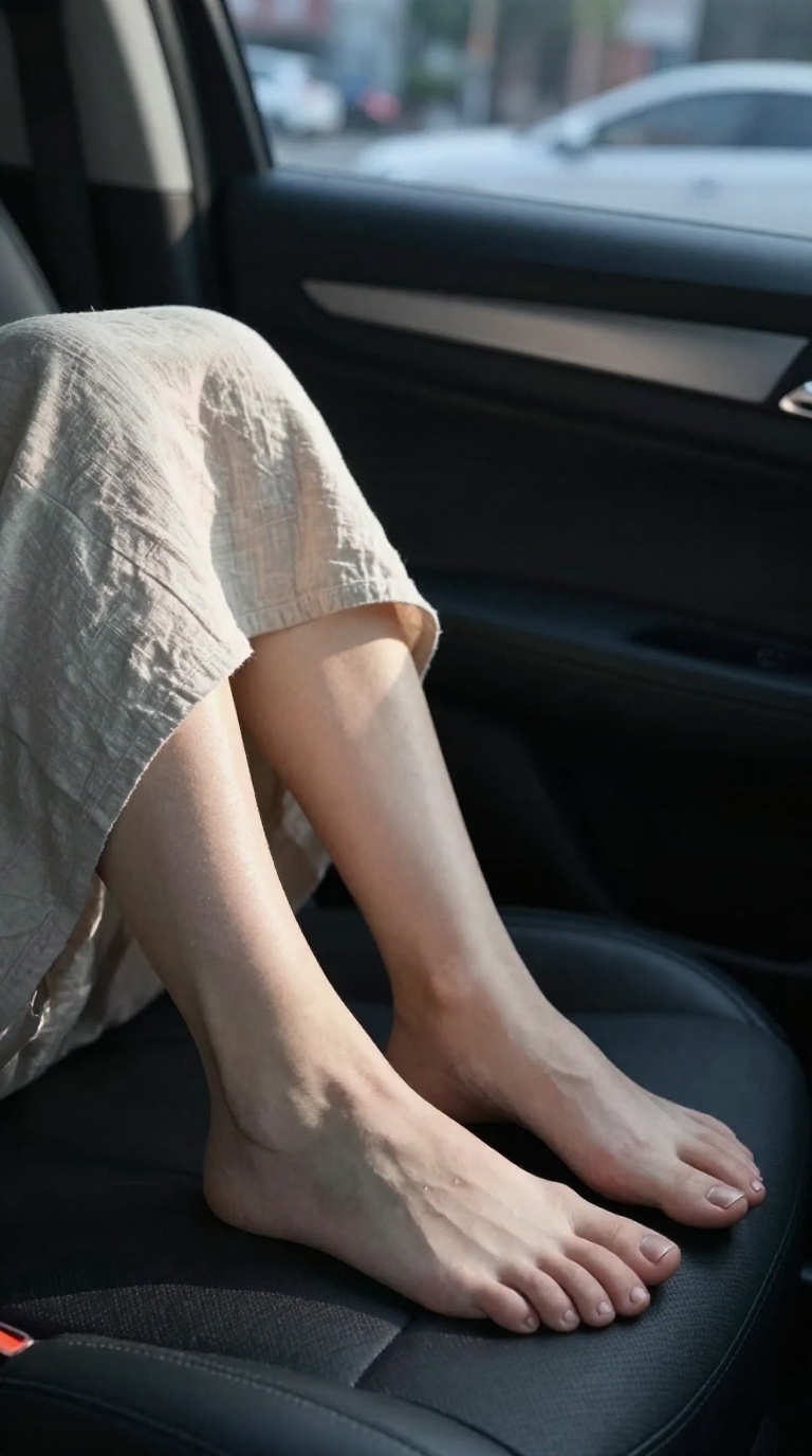 Woman with bare feet showing arch and toes on matte acrylic surface in car, sunlit and moody