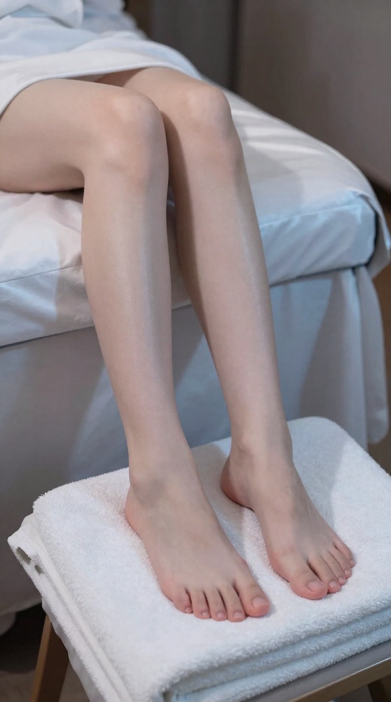 Bare feminine feet crossing ankles on satin massage towels, soft streetlight glow, cinematic editorial crop