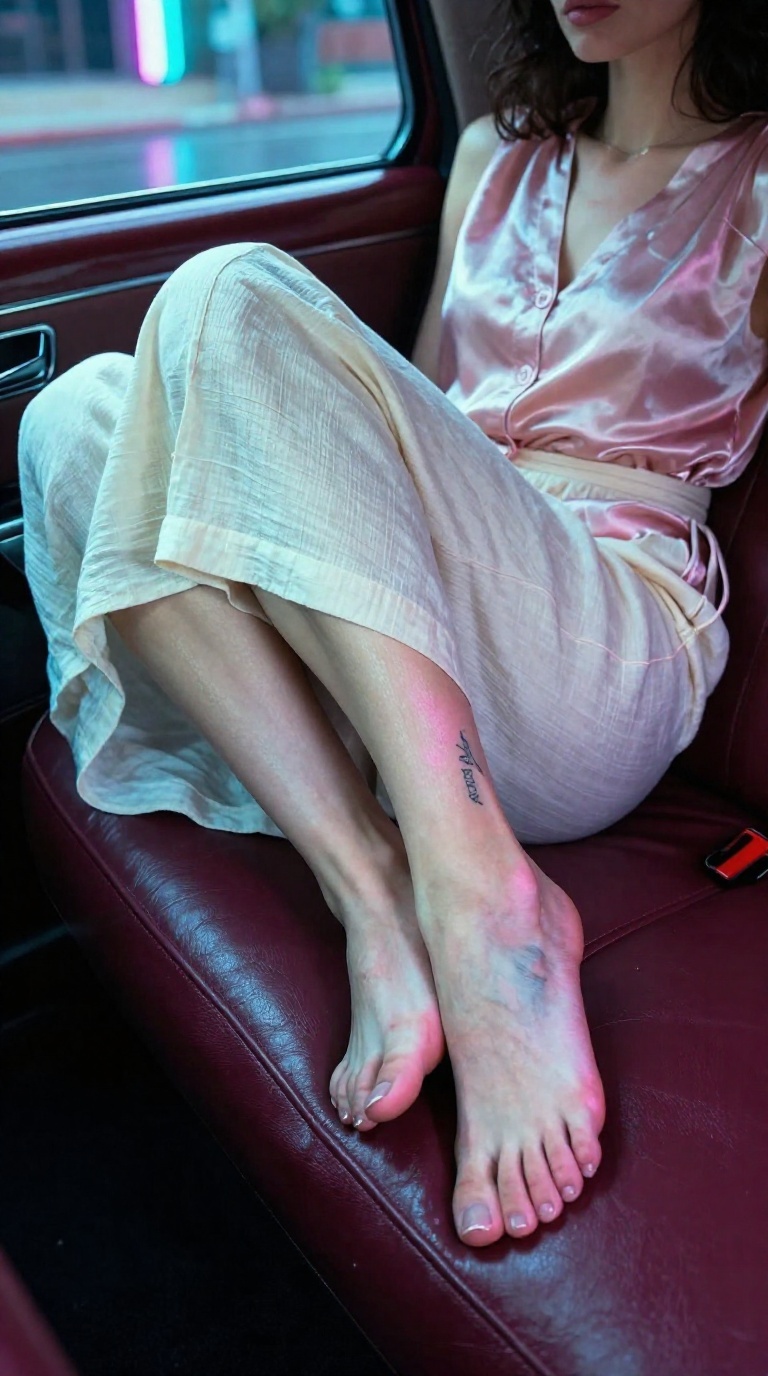 Bare female feet with instep tattoo beside silk pajama fabric in neon-lit car interior