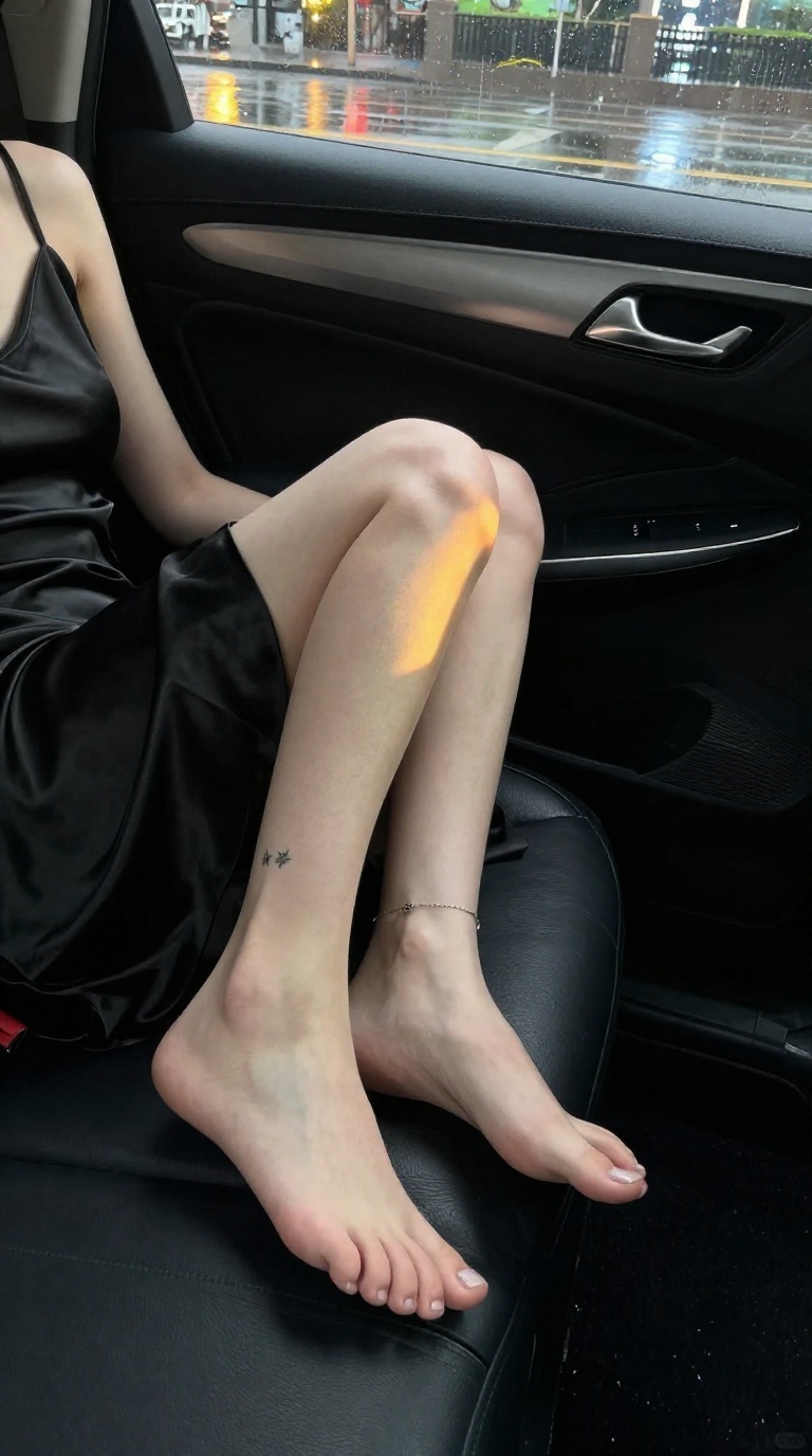 Woman's bare feet with visible toes and arch, star tattoo near heel, hooking on car seat in warm light