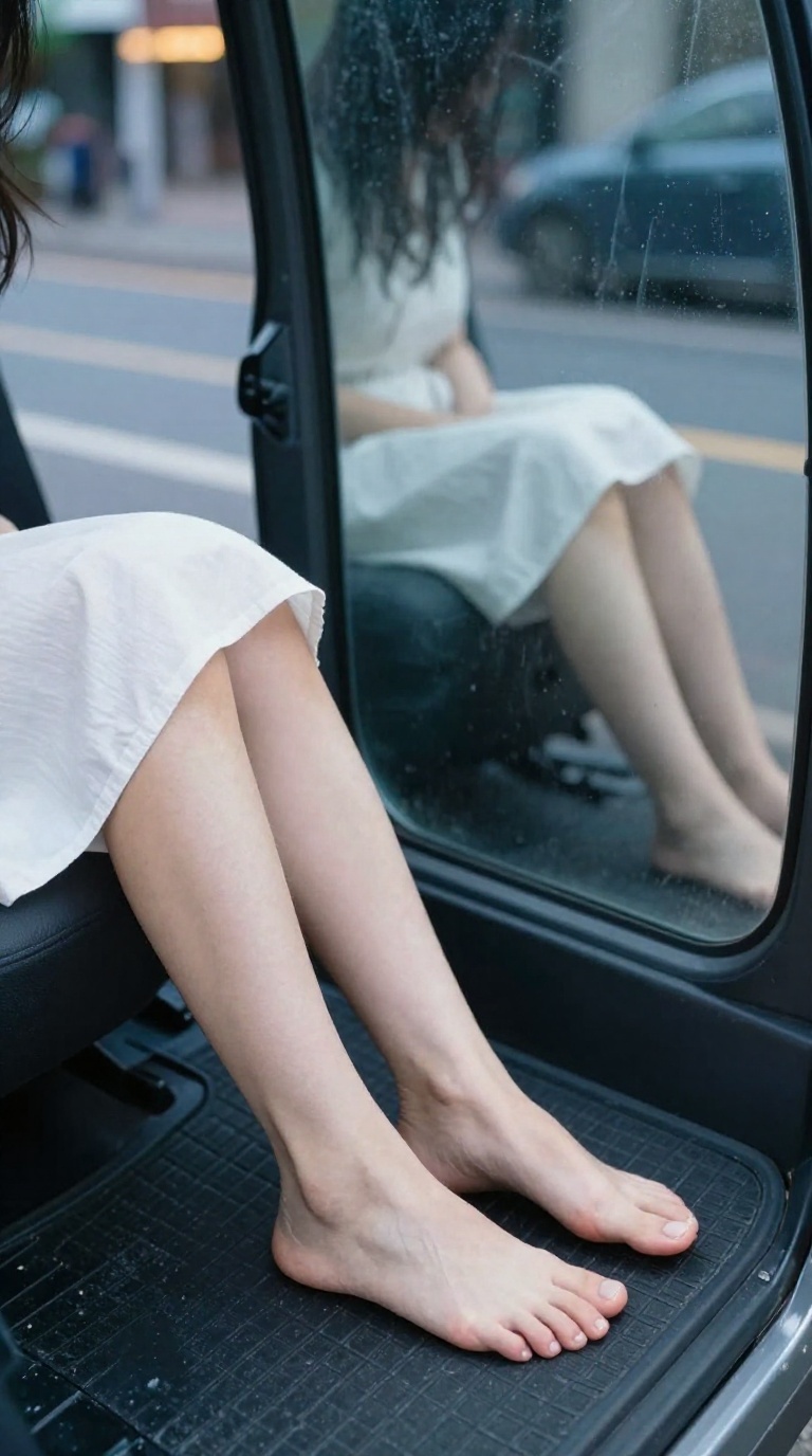 Bare feet with visible toes and arches on a car floor mat near an open door, soft daylight filtering through windows.