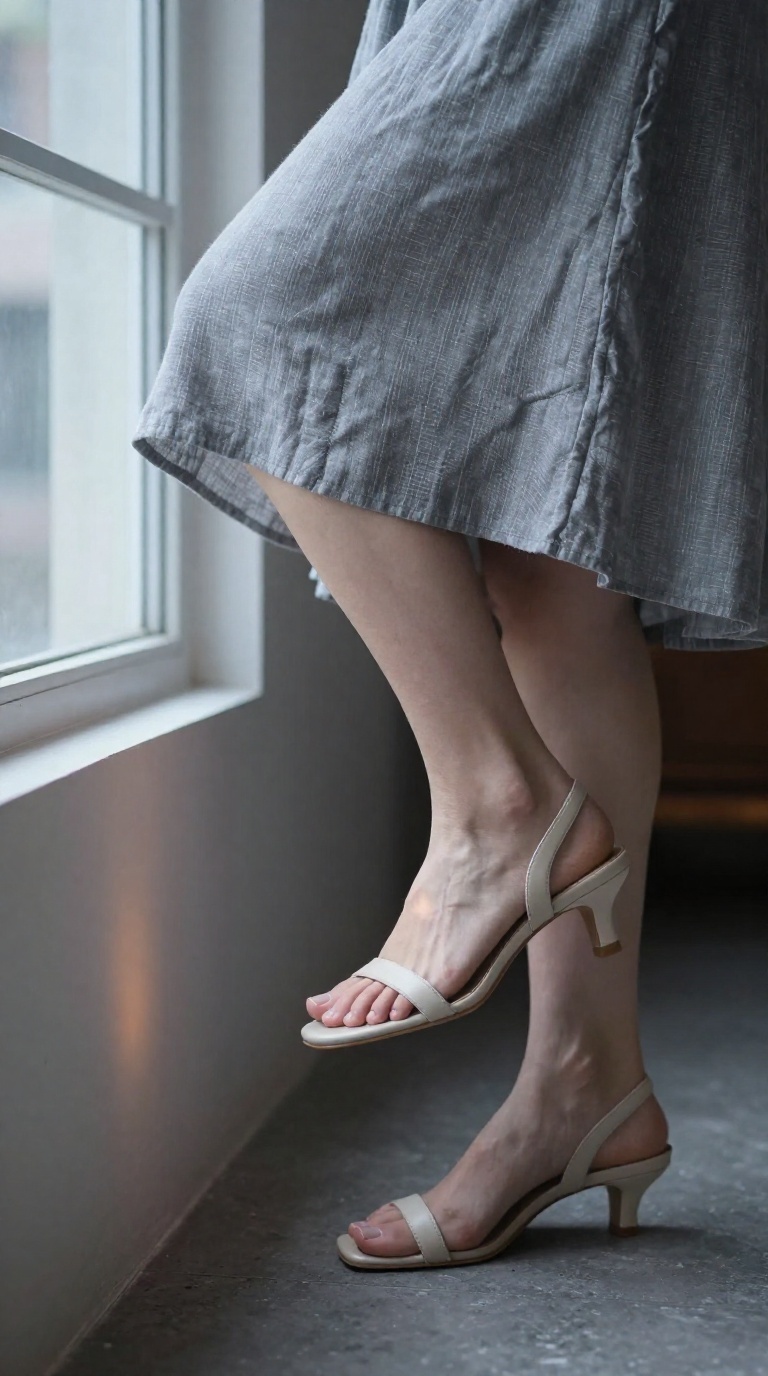 Woman's feet in low-heeled slingback sandals, one sole angled to window light, near neon alley entrance