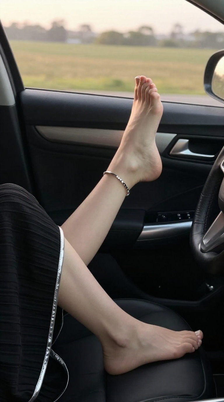 Close-up of a woman's foot with ankle bracelet, golden hour light, in a car seat, monochrome tones