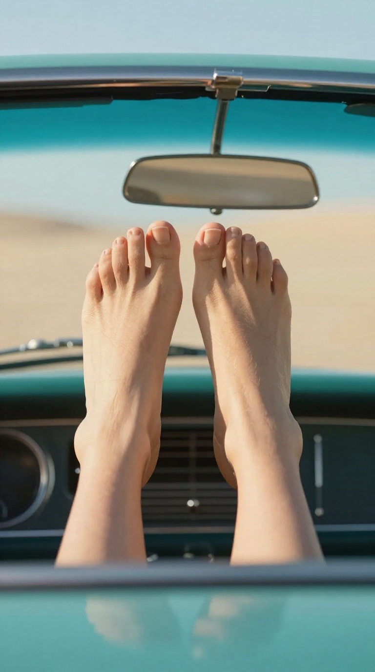 Photorealistic top-down shot of bare feminine feet with flexed arches on a sun-warmed car dashboard, art deco lounge setting