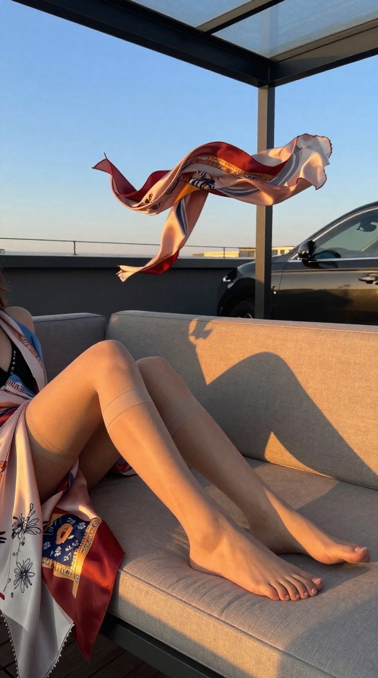 Woman's feet in thigh-high stockings extending in a point on a rooftop chaise lounge with silk scarves at sunset.