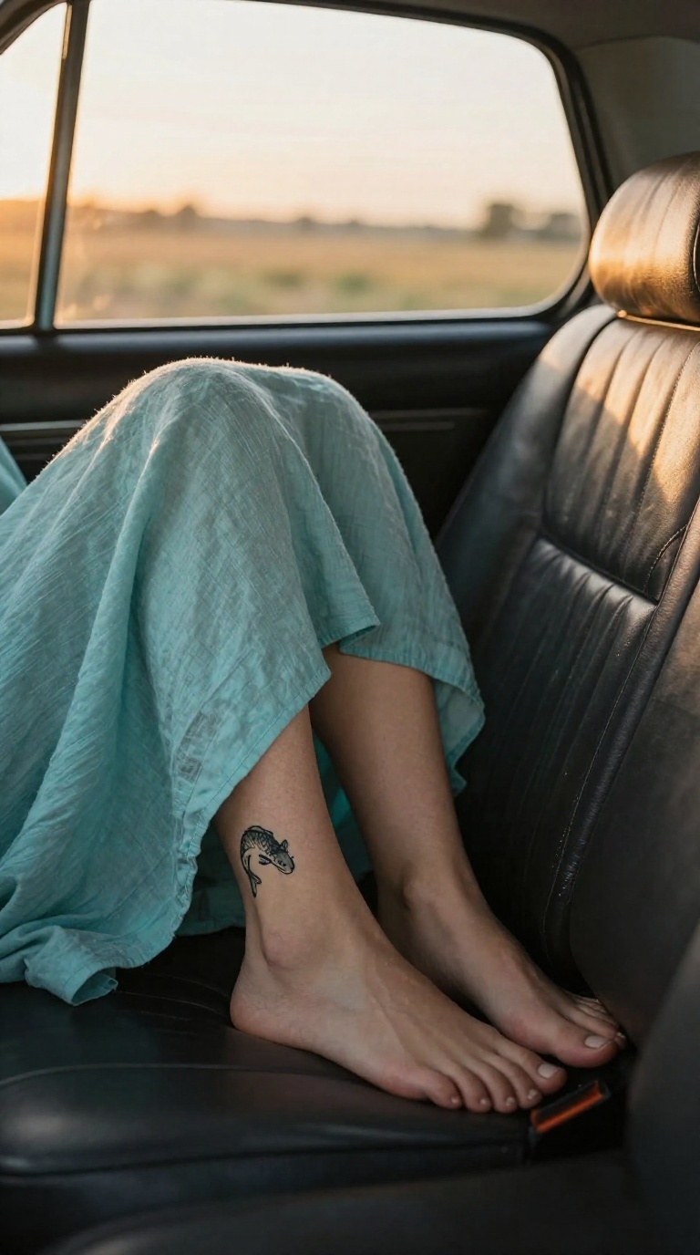Bare feet with koi ankle tattoo in linen skirt under warm sunset light in car interior