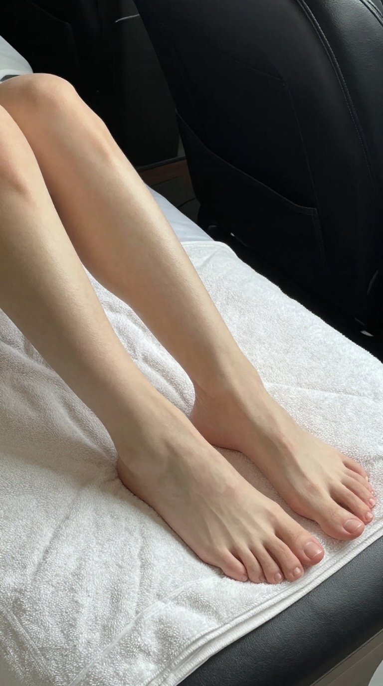 Bare feminine feet with slender toes and flexing arch on a massage table beside a stitched leather car seat under muted light