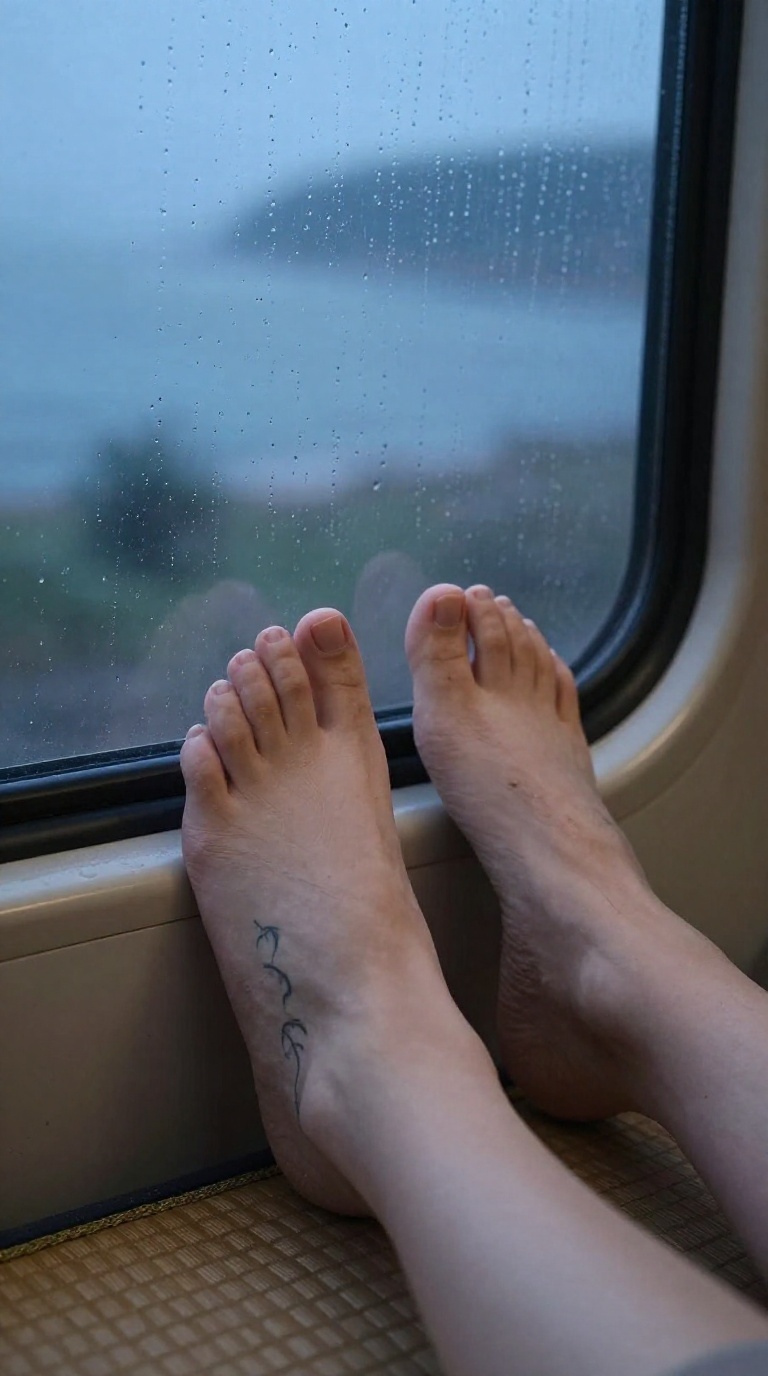 Bare feminine feet with visible toes and arches pressed against a rainy car window, lit by soft rim light