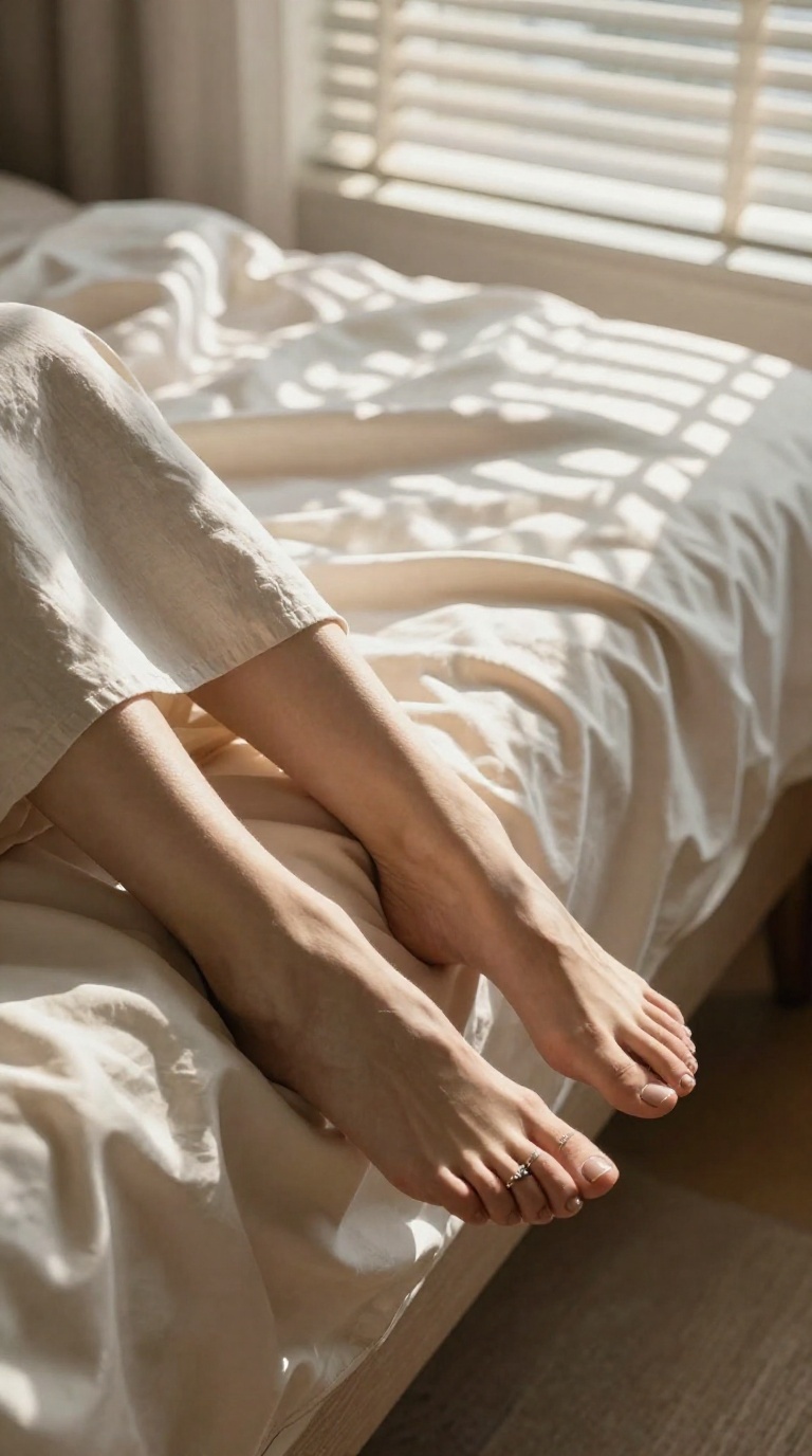 Photorealistic side profile of bare feet with toe rings on satin sheets beside linen skirt folds in soft window light