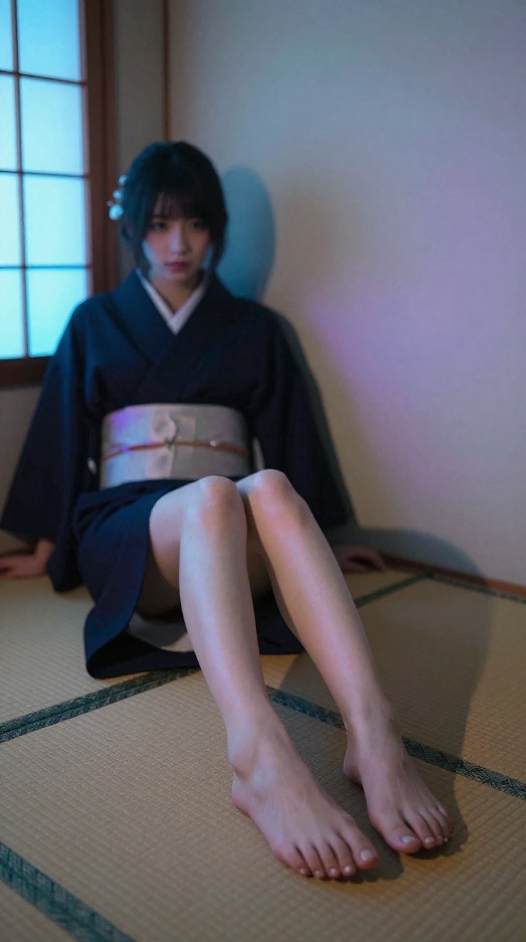 Bare feminine feet with pearl anklet sliding down wall in tatami room, neon light reflection, visible toes and arches