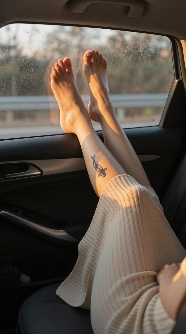 Bare feet on steamed car window with warm sunlight and koi ankle tattoo