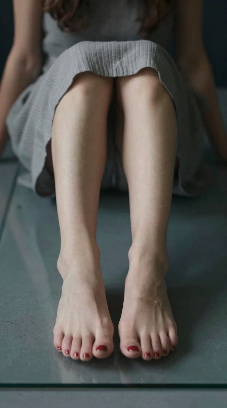 Woman's bare feet with red polish flat against glass, soft pleated dress above, incense haze and moody side light in loft.