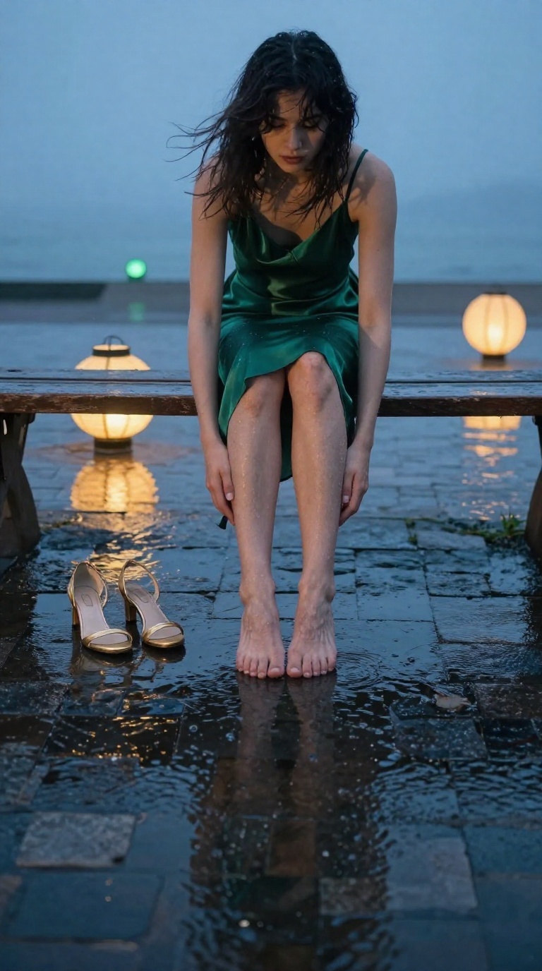 Barefoot woman in emerald dress on bench at rainy dusk, lantern light reflecting on wet stones