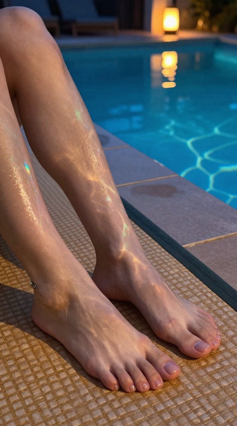 Elegant female feet with spread toes on tatami mat beside pool, neon reflections and window caustics in dim light