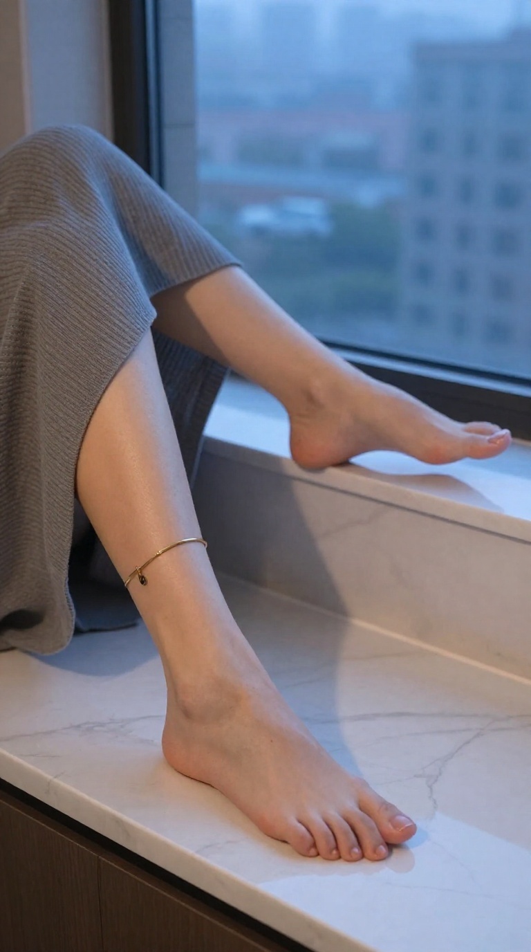 Top-down view of bare feet on marble vanity, one foot propped, gold ankle bracelet, ribbed knit dress, golden hour light, city haze beyond window