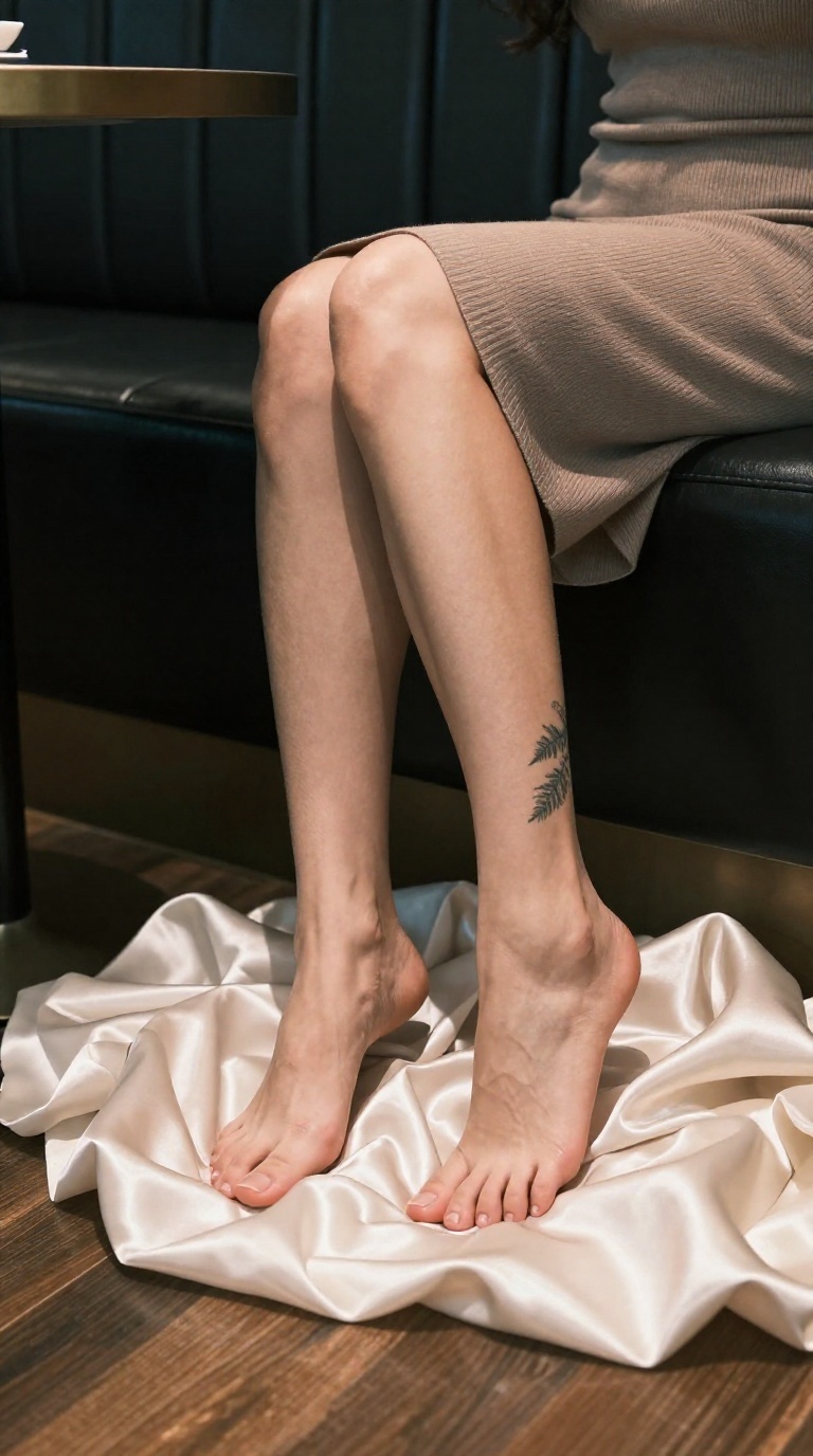 Woman's bare feet with visible toes pressing into satin sheets under teal light in a Seoul cafe booth