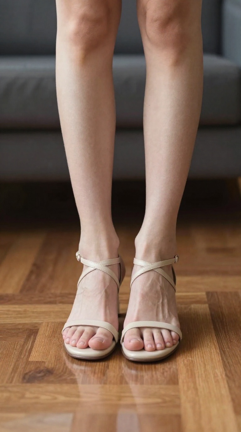Woman balancing on tiptoe in strappy sandals, wooden floor, incense haze, detailed arch and toes