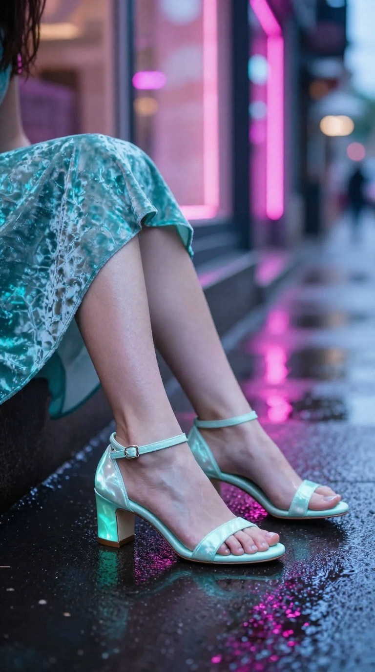 Woman's bare feet and soles in ankle strap heels, angled toward a glowing window with puddle reflections
