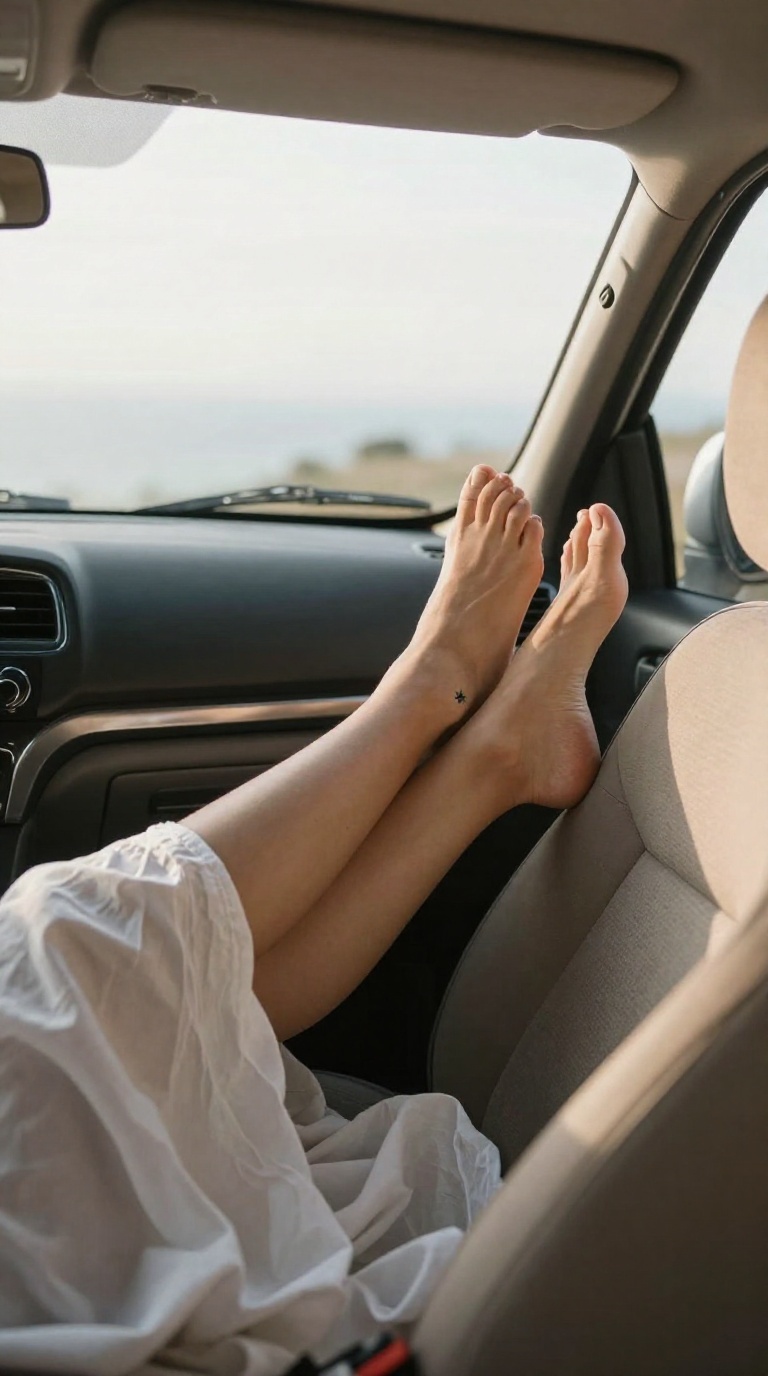 Woman's bare feet resting on car door armrest with tiny star tattoo near heel in warm neutral light