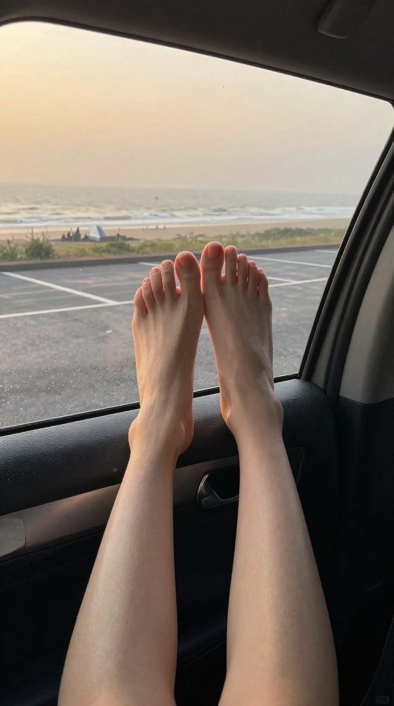 Close-up of two bare female feet with visible toes and arches resting on a rainy car window during golden hour
