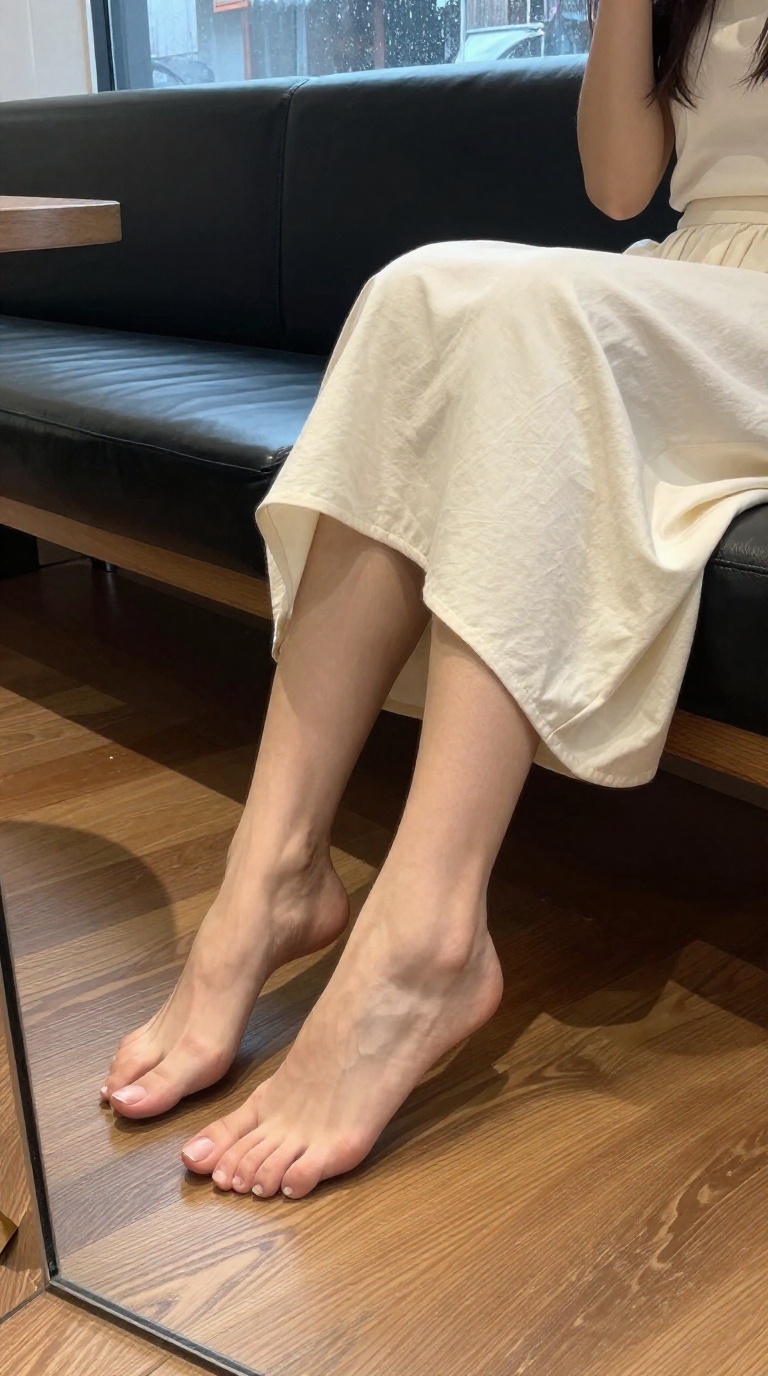 Mirror reflection of bare female feet with visible toes and arches on cream fabric, black leather seat, Seoul cafe booth, warm wood floor.