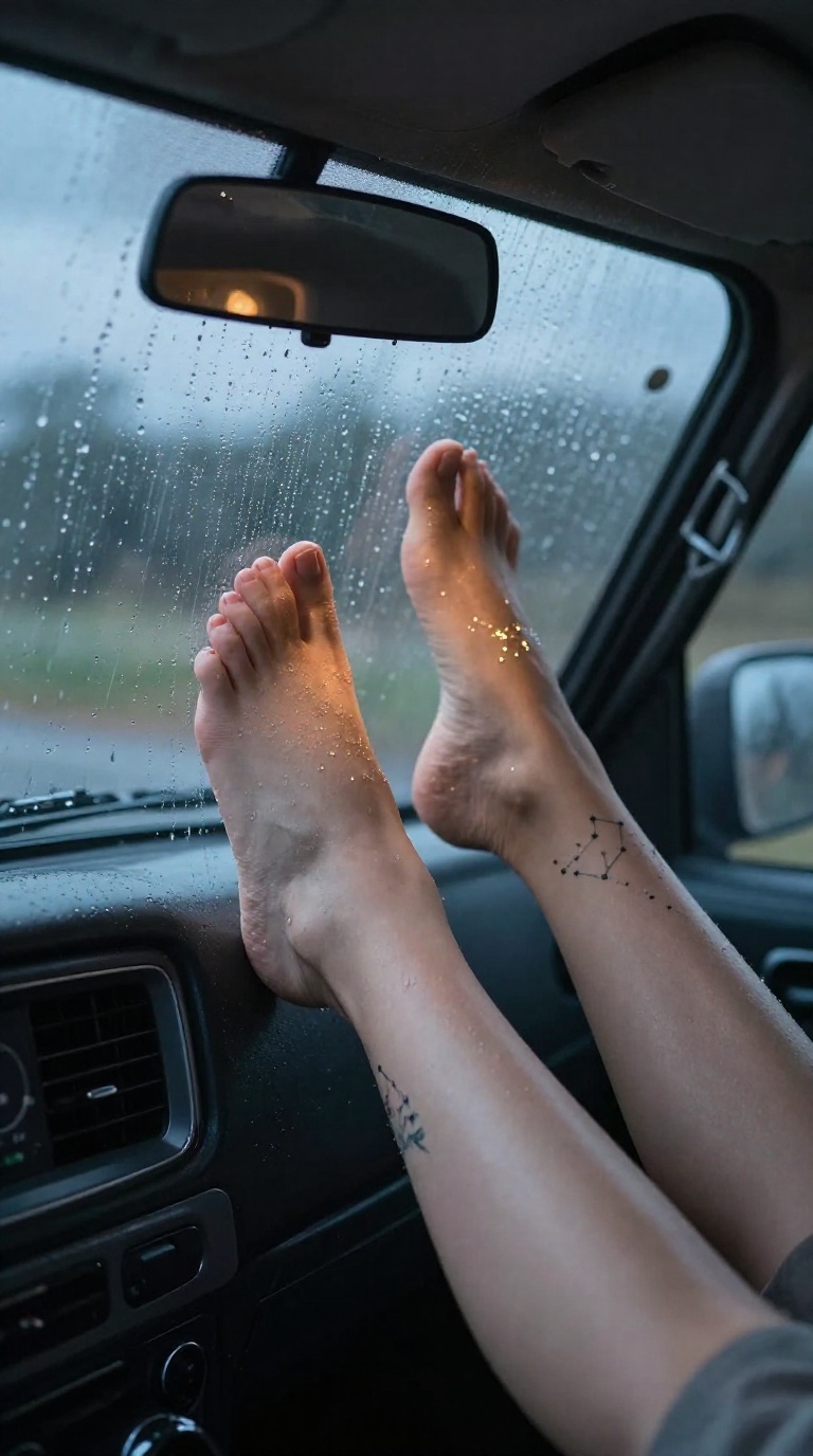 Bare feminine feet sliding down a rainy car window, lit by warm dashboard glow, with a constellation tattoo on the ankle.