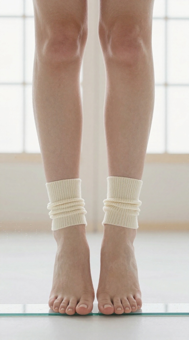 Top-down view of slender feminine feet in cream socks against glass on white seamless paper in a sunlit loft