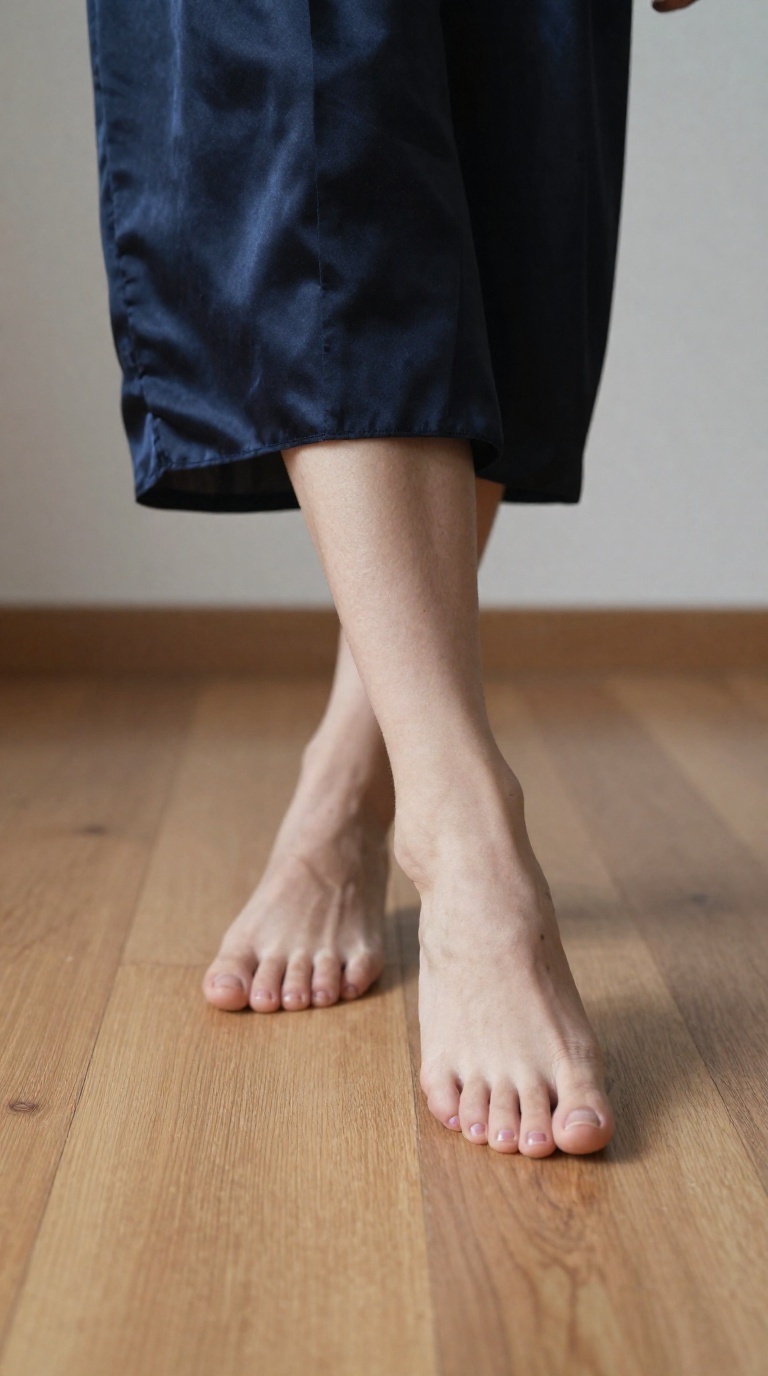 Woman in silk kimono with bare feet crossing ankles on wooden floor in minimalist loft with colored gel accent light