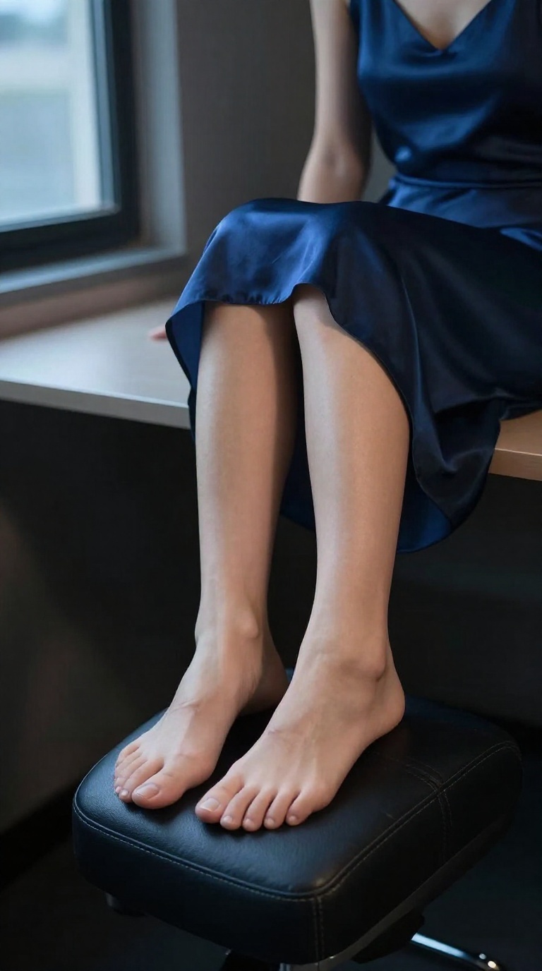 Bare feet on a car center console armrest, lit by warm tungsten and cool window light, with indigo silk fabric nearby.