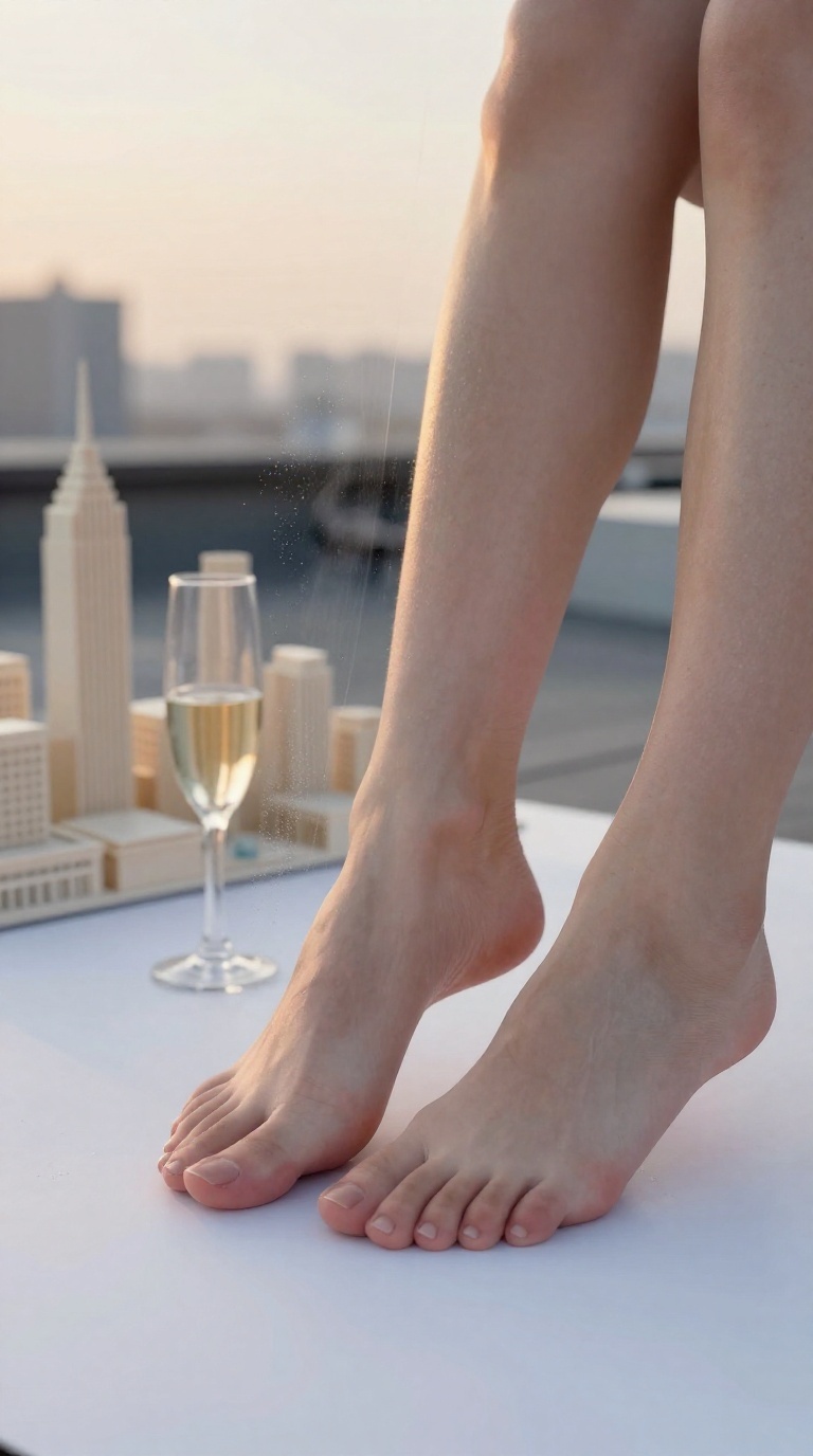 Bare feminine feet with visible toes pressed against steamed glass mirror, sunset light, ivory tones, macro detail shot
