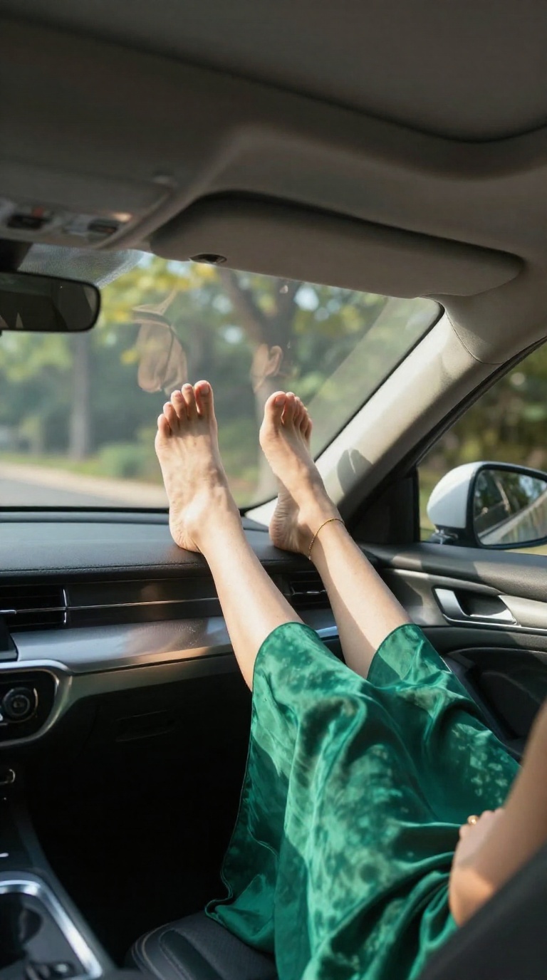 Bare feet with visible toes and arched soles resting against a cool car windshield under dappled shadows, emerald leather seats and golden sunlight.