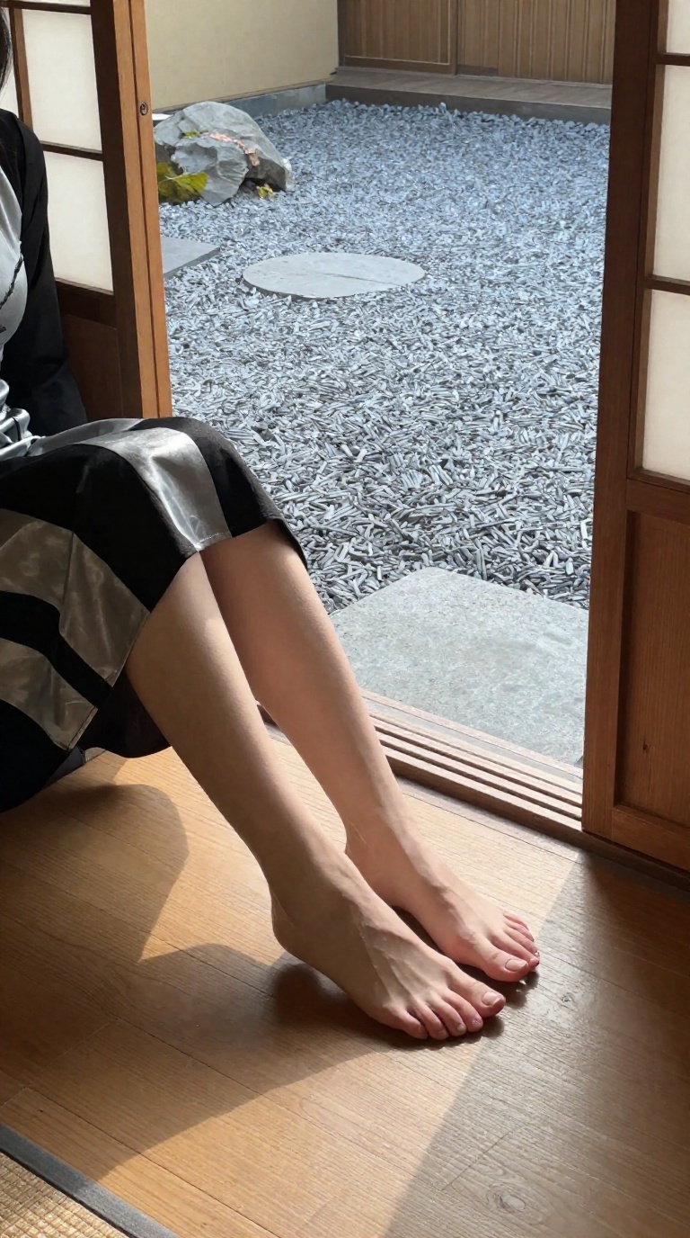 Close-up, black and silver monochrome photo of feminine feet with arched soles crossing ankles by a textured zen gravel courtyard interior.