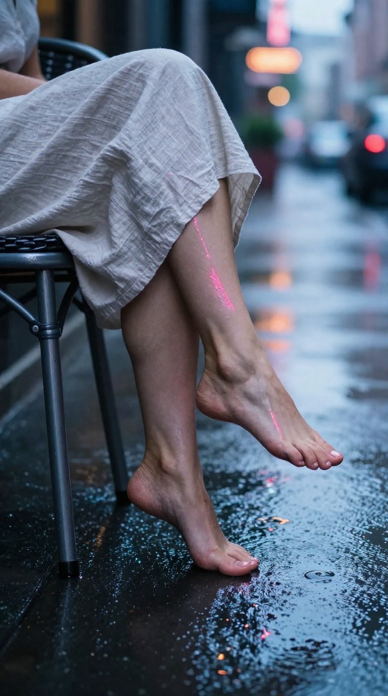 Woman's foot in neon light, heel on chair edge, linen fabric, moist city street ambiance