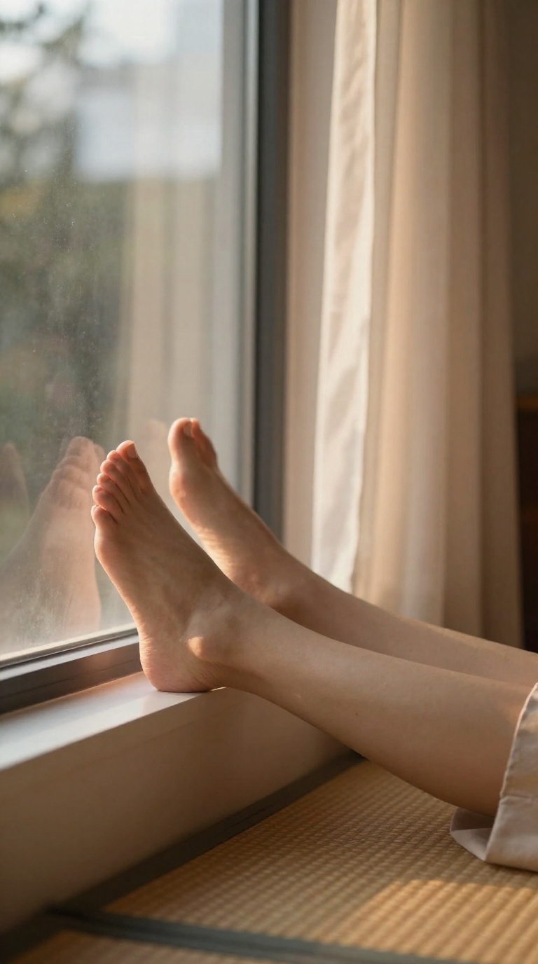 Bare feet on cool window glass in minimalist loft, tatami mat below, warm tungsten glow