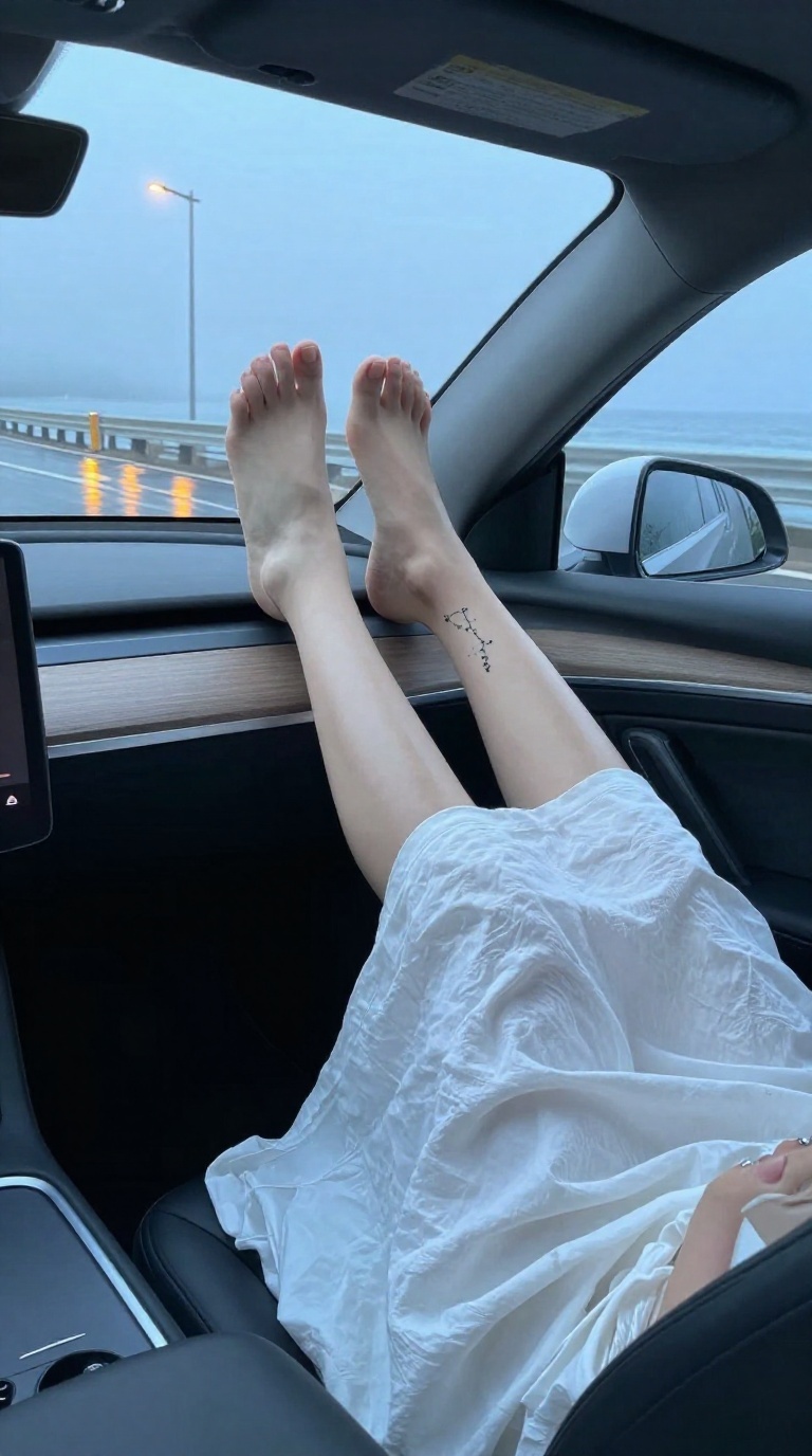 Bare feet with visible toes and arches resting on a car dashboard, constellation ankle tattoo, streetlight reflections, misty seaside luxury interior