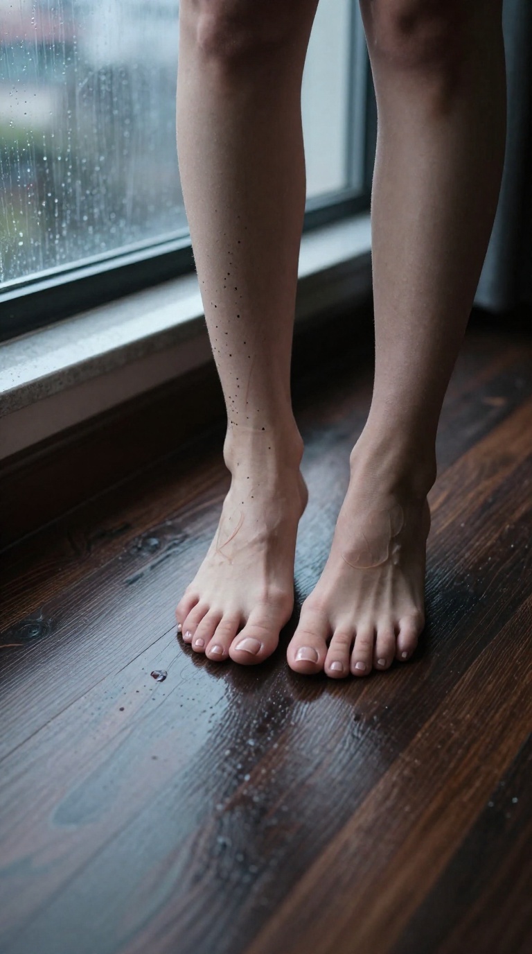 Woman's bare feet on dark wood floor with constellation ankle tattoo, fading damp prints, and a window reflection in soft light.