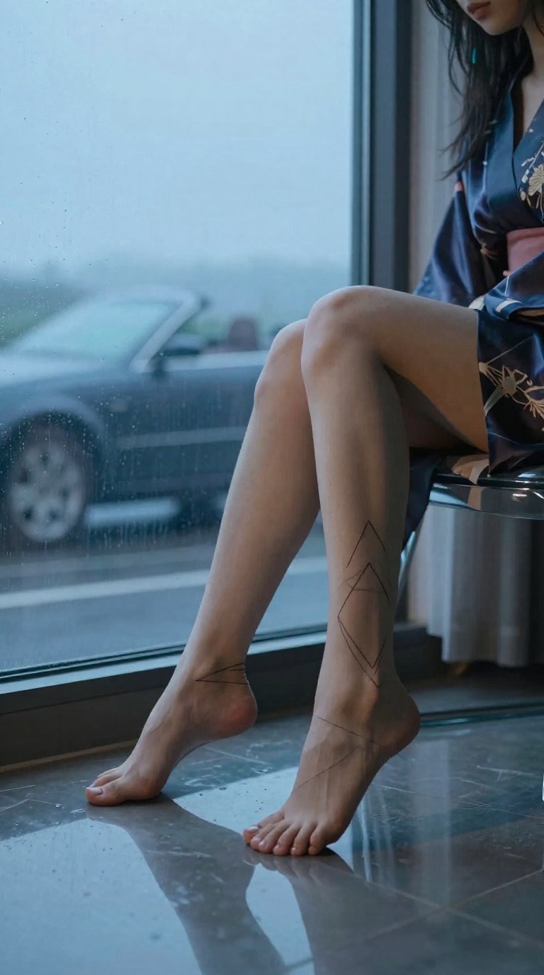 Woman's elegant feet with high arches on glass tabletop, silk kimono, geometric tattoo, moody lighting, and rainy convertible backdrop