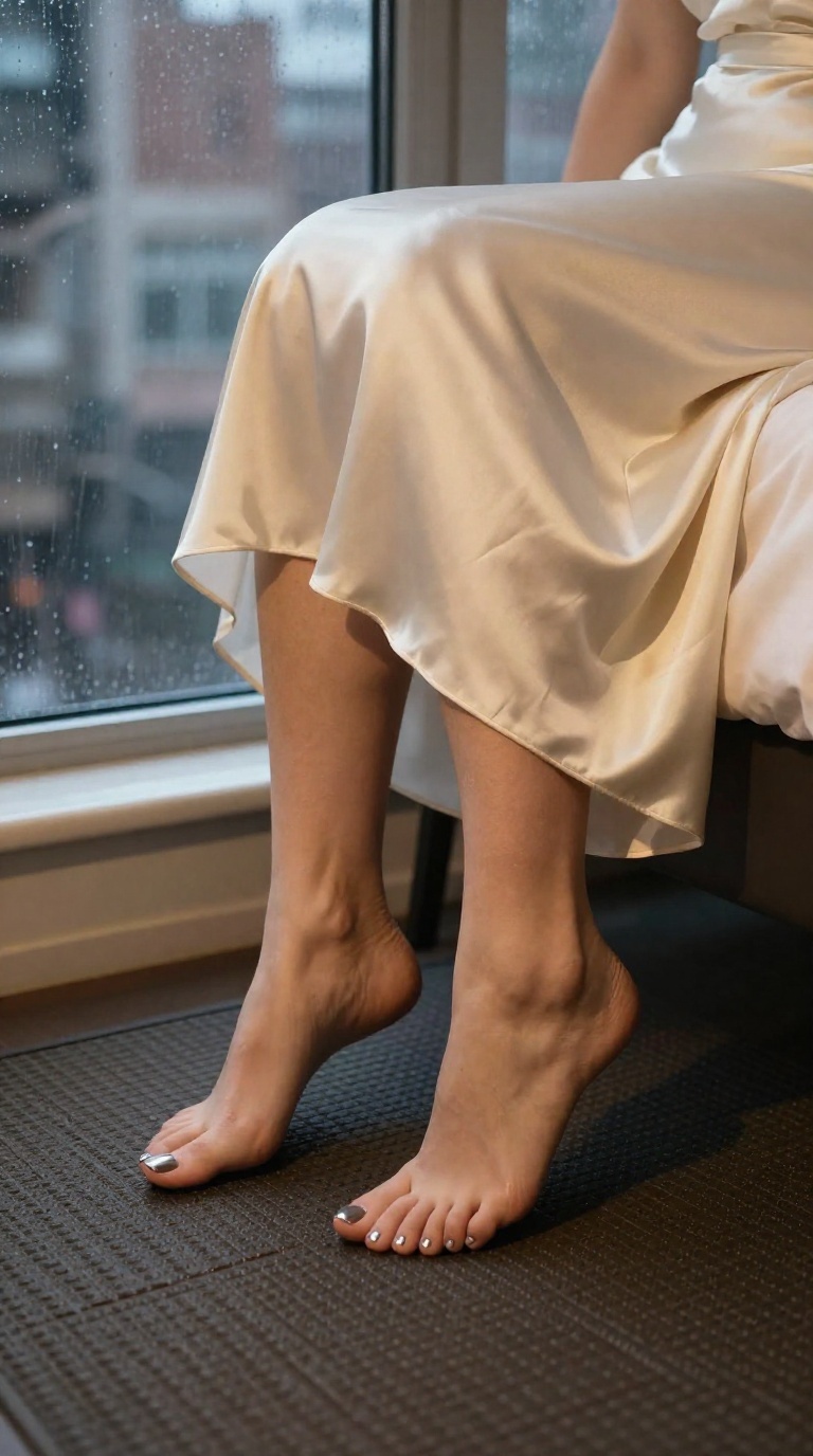 Bare female feet with chrome pedicure on a rubber mat, toes spread, in a stylish rainy city setting.