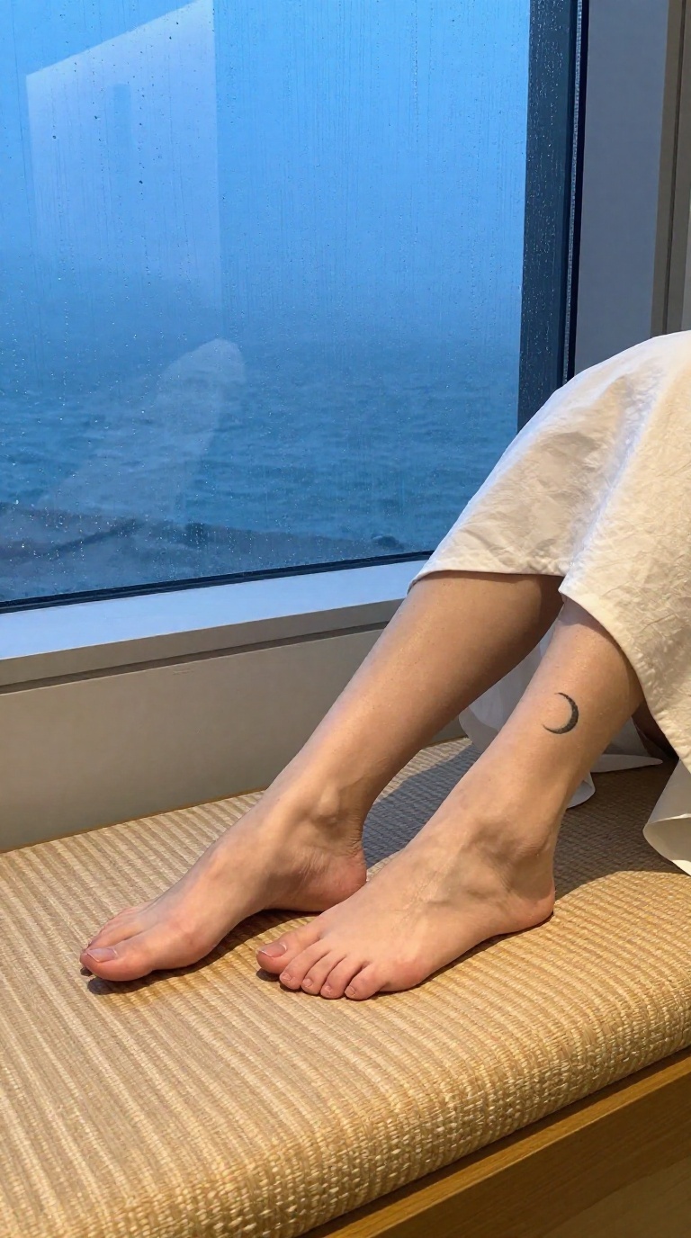 Bare feminine feet stretched on a tatami chaise lounge, champagne and ivory palettes, crescent ankle tattoo under soft reflective glow