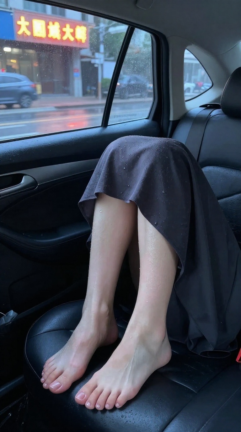 Bare feet with graceful toe spread on leather car seat, neon reflections outside, dewy skin sheen in morning light