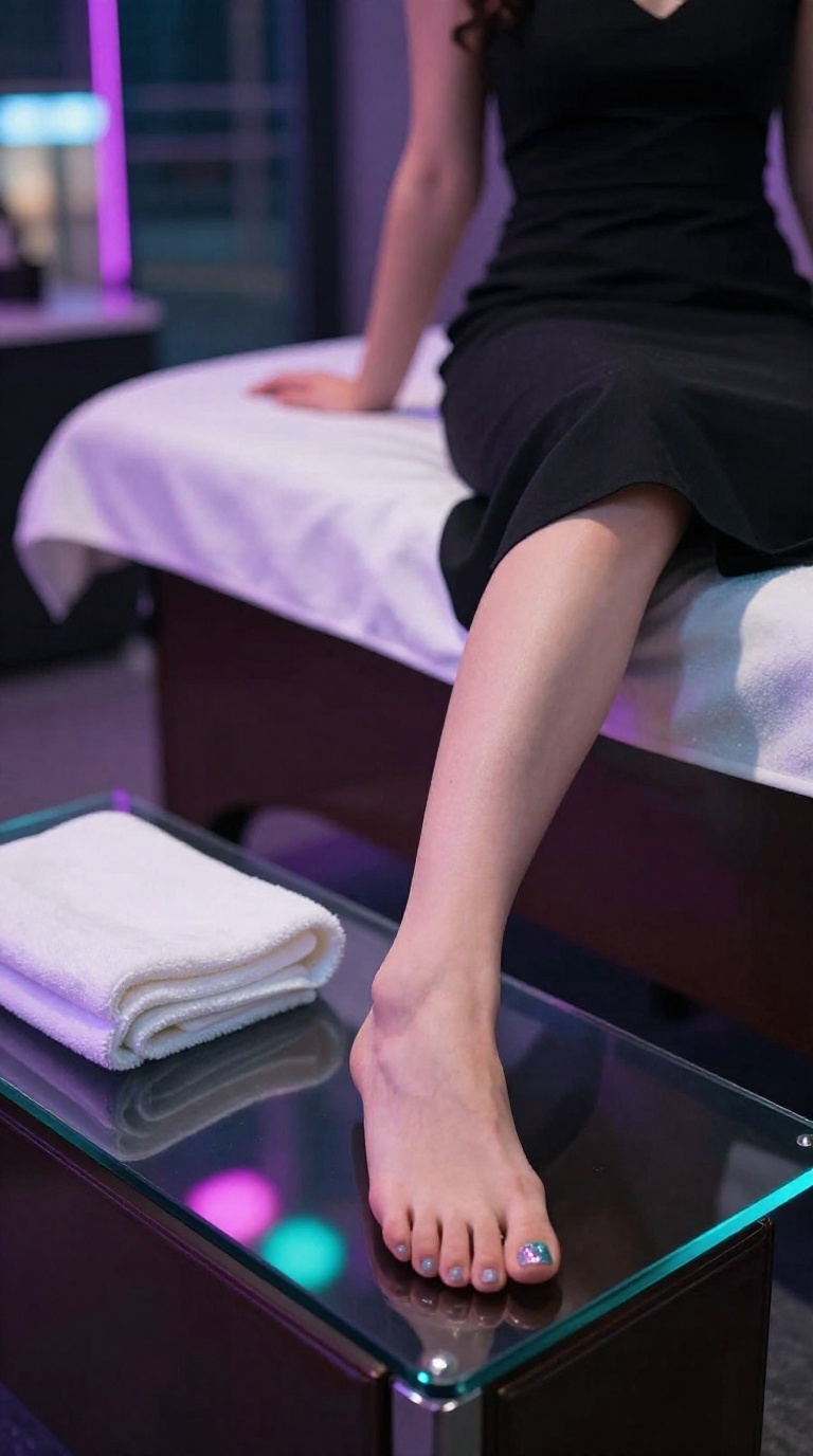 Poised female foot with glitter toes on glass tabletop, neon reflections and folded towels in background