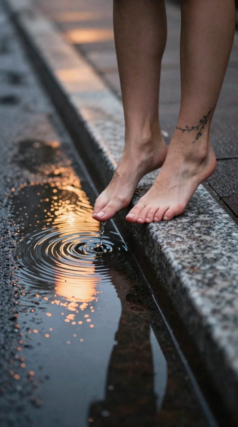 Woman's bare feet resting on a curb with a puddle reflection and toe tracing circles, under warm light with a delicate vine tattoo around the ankle.