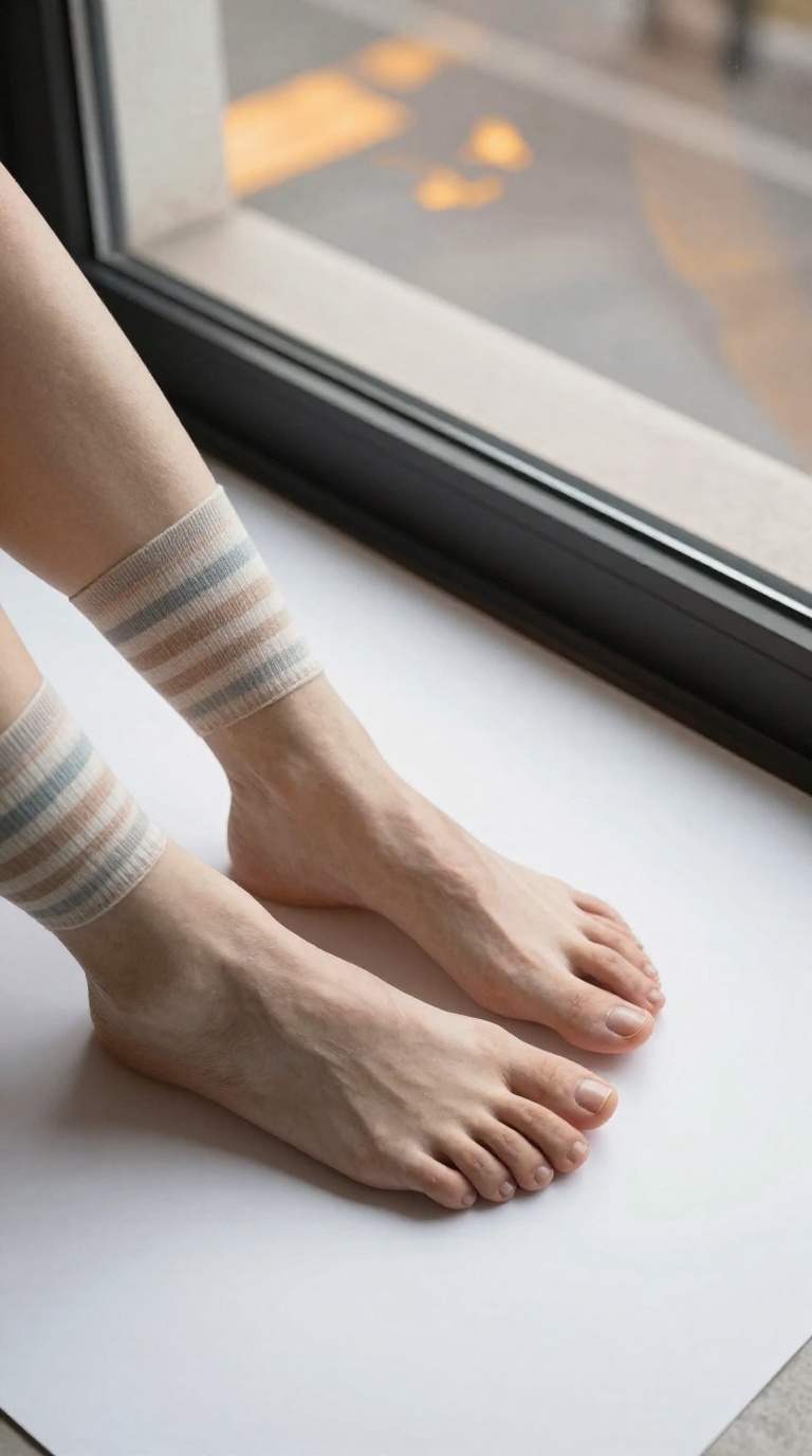 Top-down view of a woman's crossed ankles in striped knee-high socks resting on a car floor mat with window caustics and soft ball-of-foot padding.